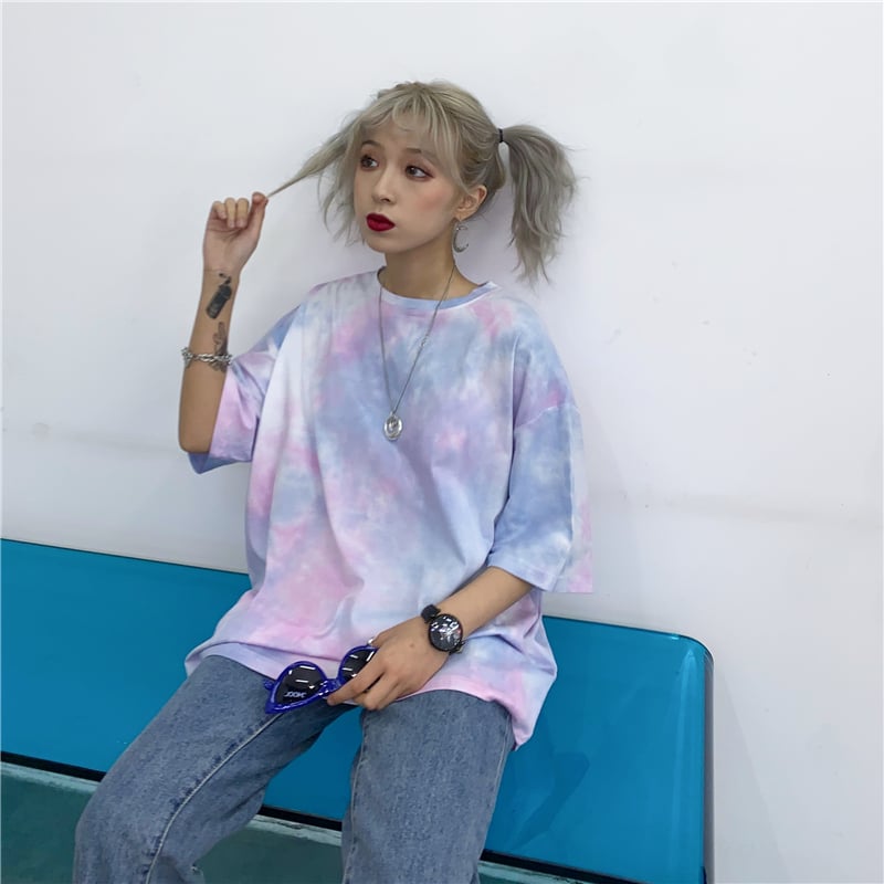 Cute Tie Dyed Hip Hop Casual Punk Goth Loose Oversized Short Sleeve Shirt Tee T-shirt E-Girl Kawaii Korean Japanese Harajuku Chinese Retro Streetwear
