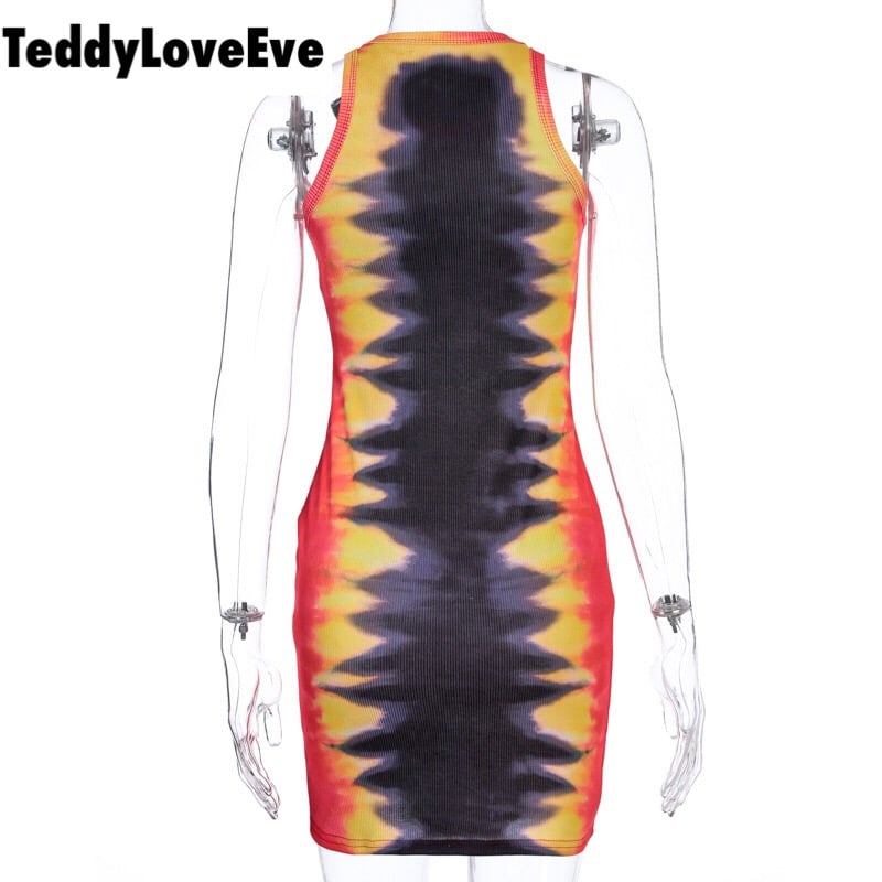 Cute Sexy Tiger Punk Tie Dye Graphic Ribbed Sleeveless Bodycon Dress E-Girl Kawaii Korean Japanese Harajuku Chinese Retro Streetwear Aesthetic