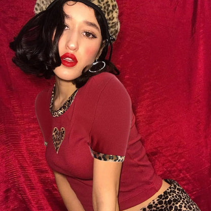 Cute Sexy Leopard Animal Print Heart Crop Top Short Sleeve Shirt Tee T-shirt E-Girl Kawaii Korean Japanese Harajuku Chinese Retro Streetwear Aesthetic