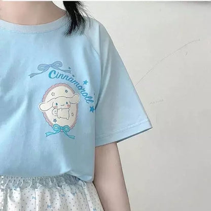 Cute Blue Japanese Anime Cartoon Graphic Print Loose Short Sleeve T-shirt