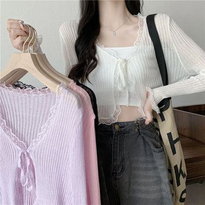 Sheer Lace Long Sleeve Cropped Cardigan