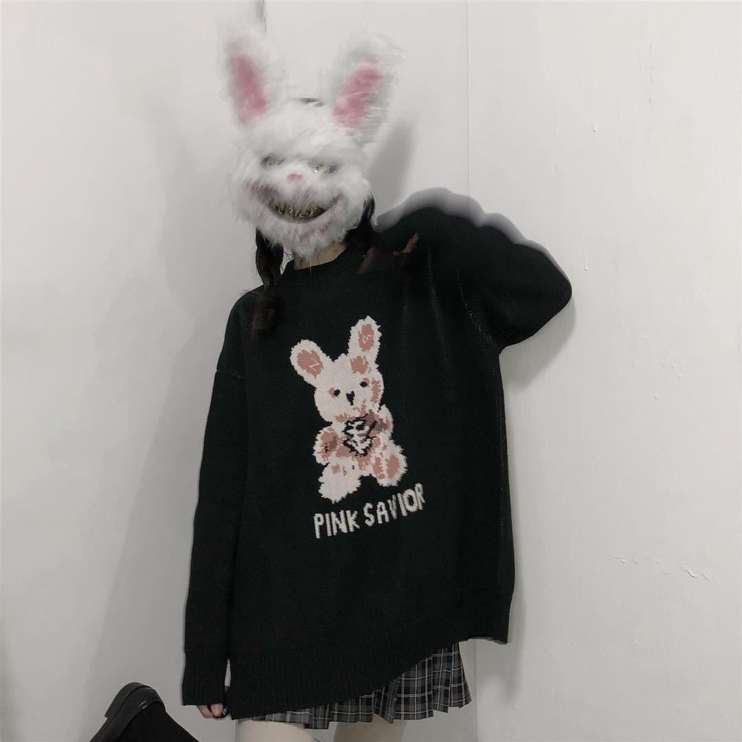 Bunny Knit Casual Sweater Sweatshirt Loose Jumper Long Sleeve Pullover Top Punk Goth E-Girl Kawaii Korean Japanese Harajuku Streetwear