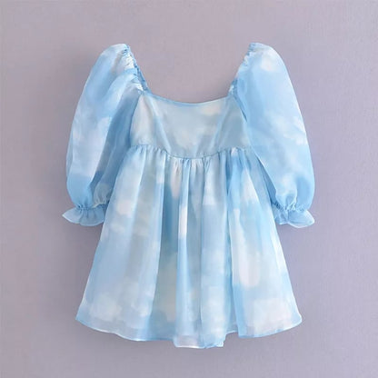 Cute Sexy Blue Cloud Sky Princess Square Neck Puff Sleeve Mini Party Dress Summer Aesthetic E-Girl Kawaii Korean Japanese Harajuku