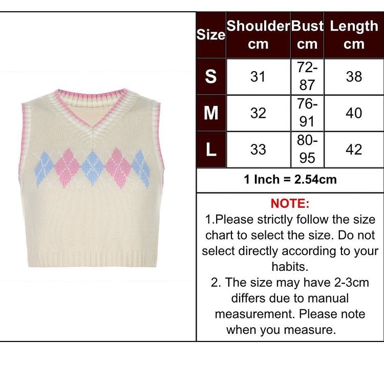 Cute Argyle Plaid Sleeveless V Neck Knit Sweater Sweatshirt Preppy Crop Top Pullover Aesthetic E-Girl Kawaii Korean Japanese Harajuku Streetwear