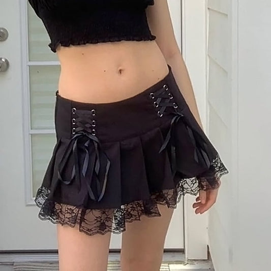 Black Bow Lace Up Pleated Mini Skirt