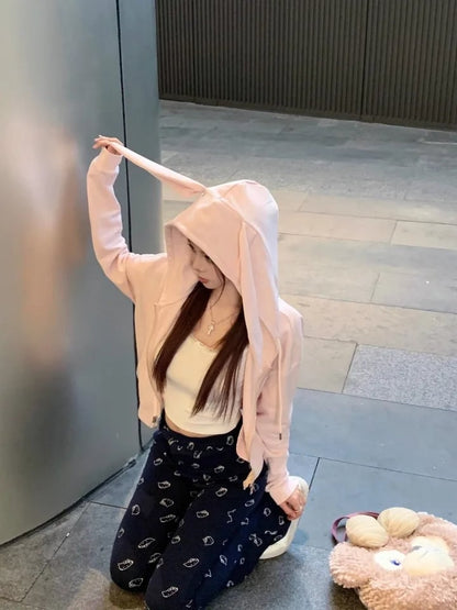 Pink Rabbit Ear Zipper Hoodie