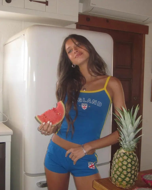 2PCS Blue Varsity Crop Top + Shorts