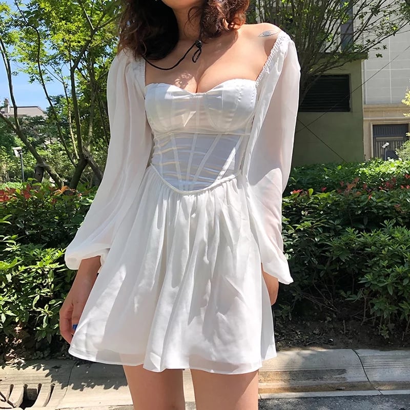 Cute White Elegant Bustier Corset Long Puff A-line Mini Dress Party Beach Summer Aesthetic Casual E-Girl Kawaii Korean Japanese Harajuku