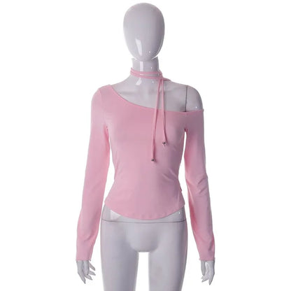 Pink Off Shoulder Long Sleeve Crop Top