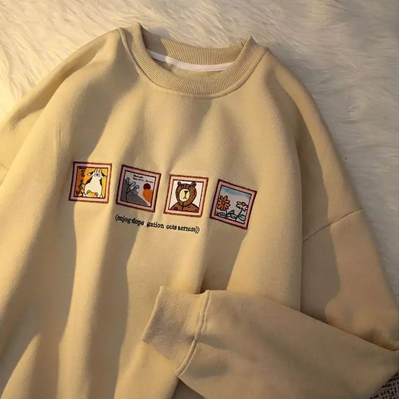 Cute Picture Frame Embroidery Velvet Thick Round Neck Sweatshirt Oversize Hoodie Pullover Sweater E-Girl Kawaii Korean Japanese Harajuku Streetwear