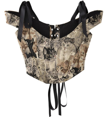 Cat Embroidery Lace Up Corset Top