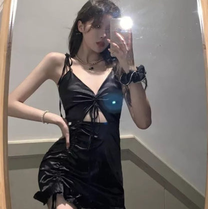 Cute Sexy Silk Sling French Mini Bodycon Dress Party Club Summer Aesthetic Casual E-Girl Kawaii Korean Japanese Harajuku