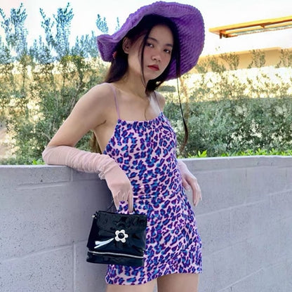 Cute Purple Leopard Spaghetti Strap Backless Mini Dress Party E-Girl Kawaii Korean Japanese Harajuku Chinese Retro Streetwear Aesthetic