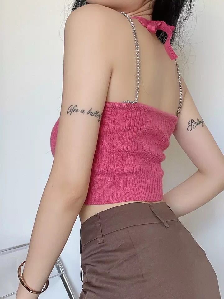 90s Pink Chain Knit Halter Crop Top Backless Tank Sleeveless Shirt Summer Aesthetic Casual E-Girl Kawaii Korean Japanese Harajuku