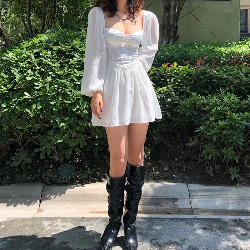Cute White Elegant Bustier Corset Long Puff A-line Mini Dress Party Beach Summer Aesthetic Casual E-Girl Kawaii Korean Japanese Harajuku