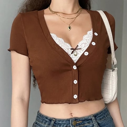Sweet Lace Button V Neck Cropped Short Sleeve T-Shirt