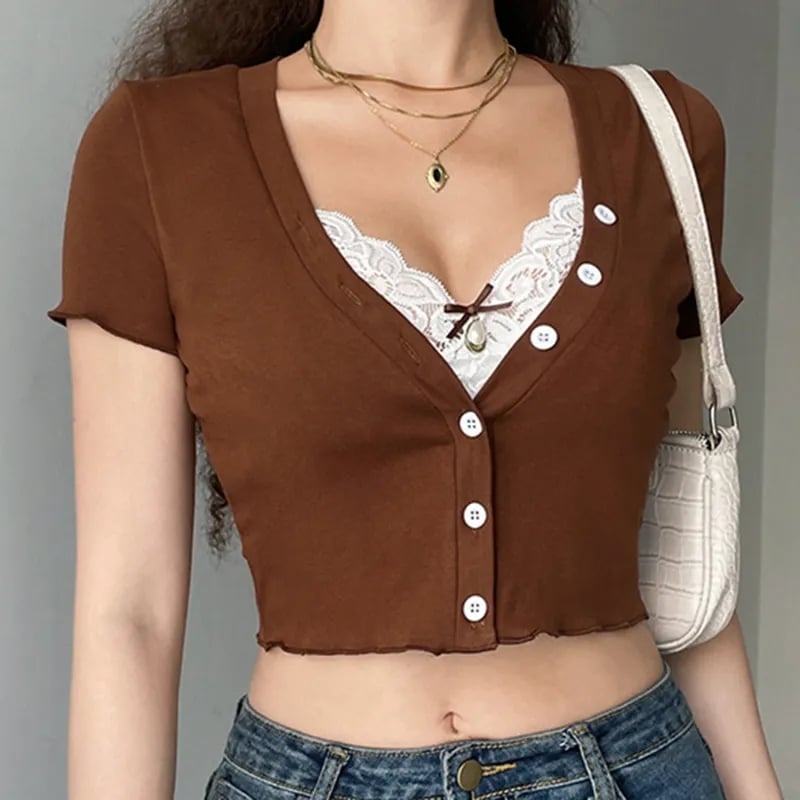 Sweet Lace Button V Neck Cropped Short Sleeve T-Shirt