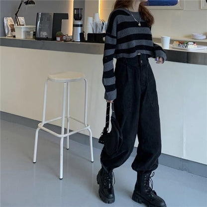 Black & Grey Striped Cropped Long Sleeve Sweater