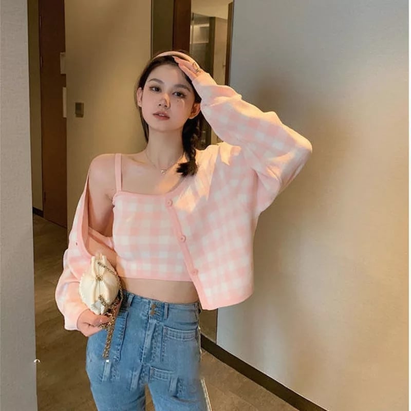 Cute Pastel Candy 2pcs Soft Plaid Knit Cardigan Sweater + Crop Top Vest Aesthetic Casual Summer E-Girl Kawaii Korean Japanese Harajuku