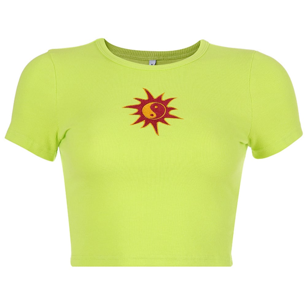 Cute Ying Yang Sun Embroidery Short Sleeve Shirt Crop Top Tee T-shirt E-Girl Kawaii Korean Japanese Harajuku Chinese Retro Streetwear Aesthetic