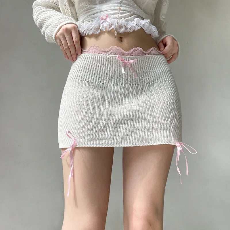 White Knit Bow Ribbed Trim Low Waist Mini Skirt