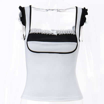 White & Black Patchwork Lace Square Neck Top