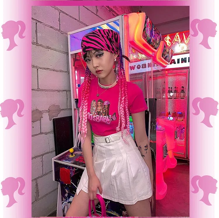 Sexy Pink Cartoon Doll Print Short Sleeve Shirt Crop Top Tee T-shirt Top Causal Summer E-Girl Kawaii Korean Japanese Harajuku Streetwear