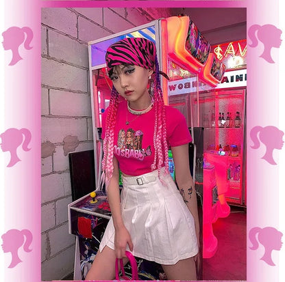 Sexy Pink Cartoon Doll Print Short Sleeve Shirt Crop Top Tee T-shirt Top Causal Summer E-Girl Kawaii Korean Japanese Harajuku Streetwear