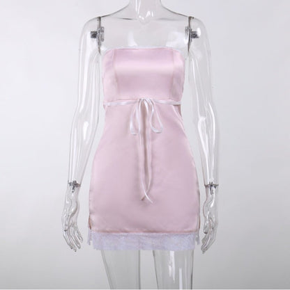 Pink Satin Lace Trim Strapless Dress