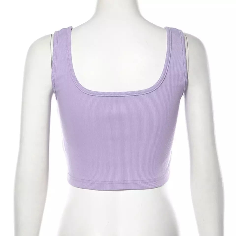 Cute Pastel Purple Heart Button Ribbed Knit Crop Top Causal Tank Top Casual Camisole T-shirt Tee E-Girl Kawaii Korean Japanese Harajuku Streetwear