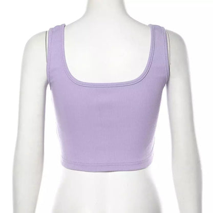 Cute Pastel Purple Heart Button Ribbed Knit Crop Top Causal Tank Top Casual Camisole T-shirt Tee E-Girl Kawaii Korean Japanese Harajuku Streetwear