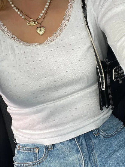 White Ribbed Lace Long Sleeve Shirt