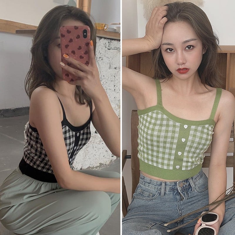 Cute Sexy Sweet Knit Plaid Checkered Botton Cami Crop Top Shirt Tee T-shirt E-Girl Kawaii Korean Japanese Harajuku Chinese Retro Streetwear Aesthetic