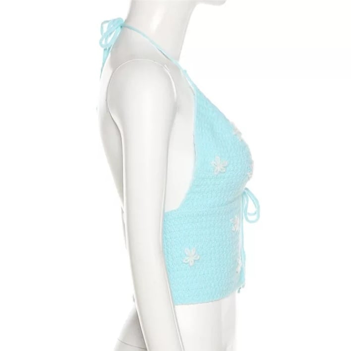 Cute Sexy Blue Crochet Knit Floral Backless Crop Top Tank Camisole Halter Beach Party Summer Aesthetic Casual E-Girl Kawaii Korean Japanese Harajuku