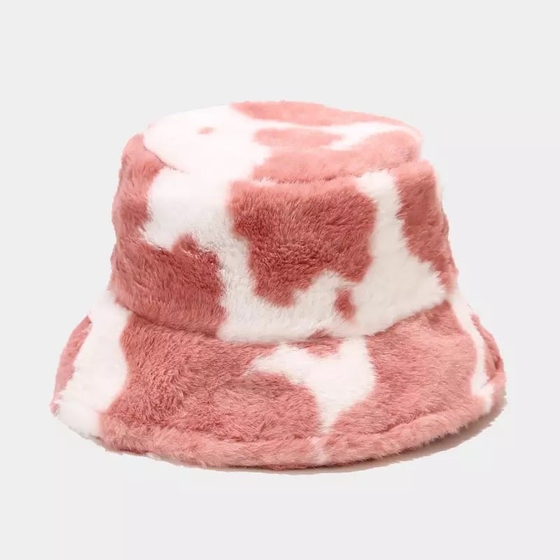 Cow Print Plush Bucket Hat Warm Soft Velvet Fishermen Cap Animal Print Winter Women E-Girl Kawaii Korean Japanese Harajuku Streetwear