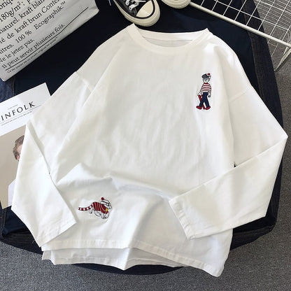 Cute Casual Summer Cartoon Funny Embroidery Loose Oversized Long Sleeve Tee Shirt T-shirt Top E-Girl Kawaii Korean Japanese Harajuku Retro Streetwear