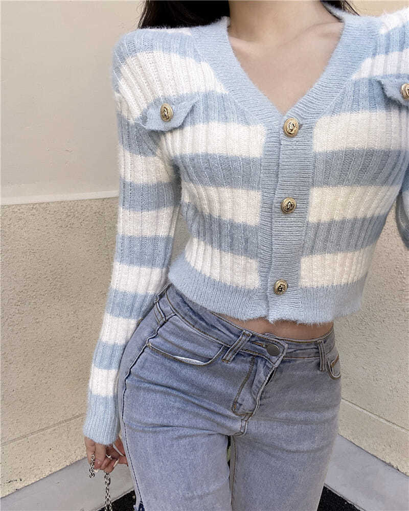 Blue & White Stripe Gold Button Sweater