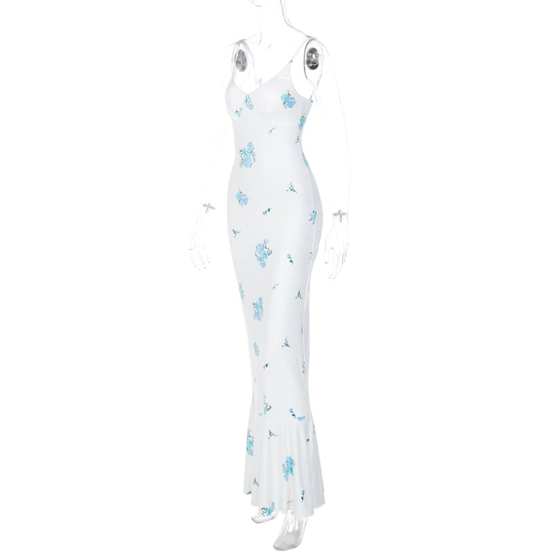 Blue & White Floral Print Spaghetti Strap Maxi Dress