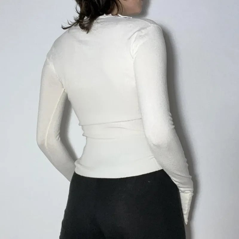 White Lace Trim Square Collar Long Sleeve Shirt