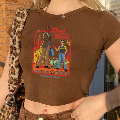 Cute Brown Alien Funny Cartoon Print Vintage Crop Top Short Sleeve Shirt Aesthetic Casual Summer E-Girl Kawaii Korean Japanese Harajuku