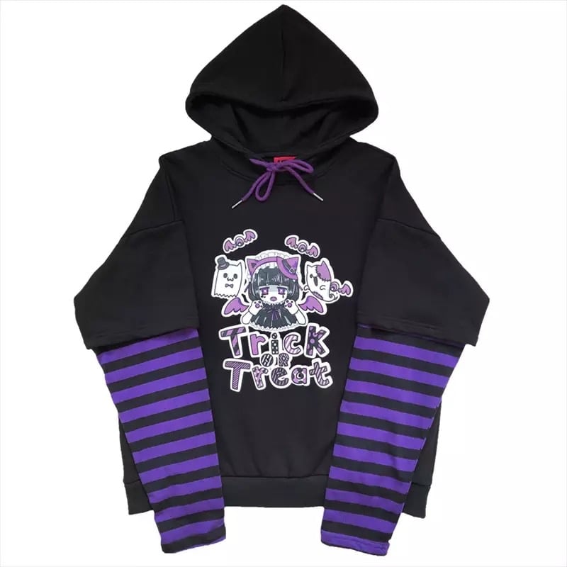 Anime Girl Cartoon Casual Stripe Loose Oversized Hoodie Sweater Sweatshirt Long Sleeve Pullover E-Girl Kawaii Korean Japanese Harajuku Streetwear