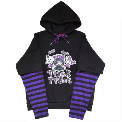 Anime Girl Cartoon Casual Stripe Loose Oversized Hoodie Sweater Sweatshirt Long Sleeve Pullover E-Girl Kawaii Korean Japanese Harajuku Streetwear