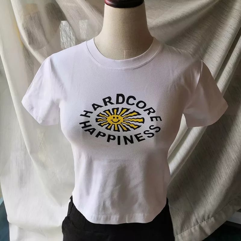 Cute Happiness Sun Print White Short Sleeve Shirt Loose Punk Aesthetic Casual Summer E-Girl Kawaii Korean Japanese Haraju