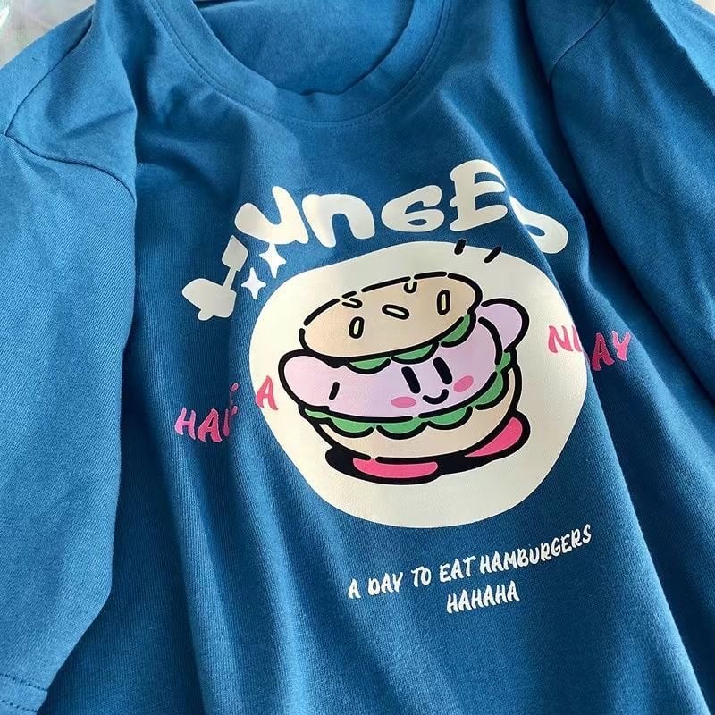 Burger Japanese Anime Print Loose Short Sleeve T-shirt