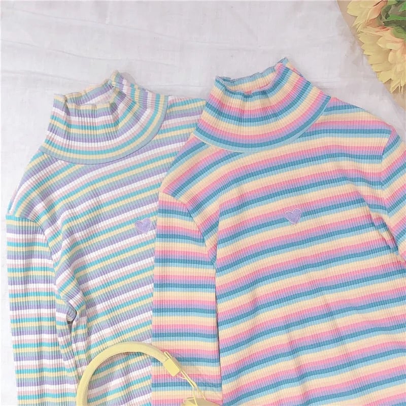 Cute Heart Sweet Rainbow Pastel Turtleneck Stripe Knit Long Sleeve Shirt Top Pullover Sweater E-Girl Kawaii Korean Japanese Harajuku Retro Streetwear
