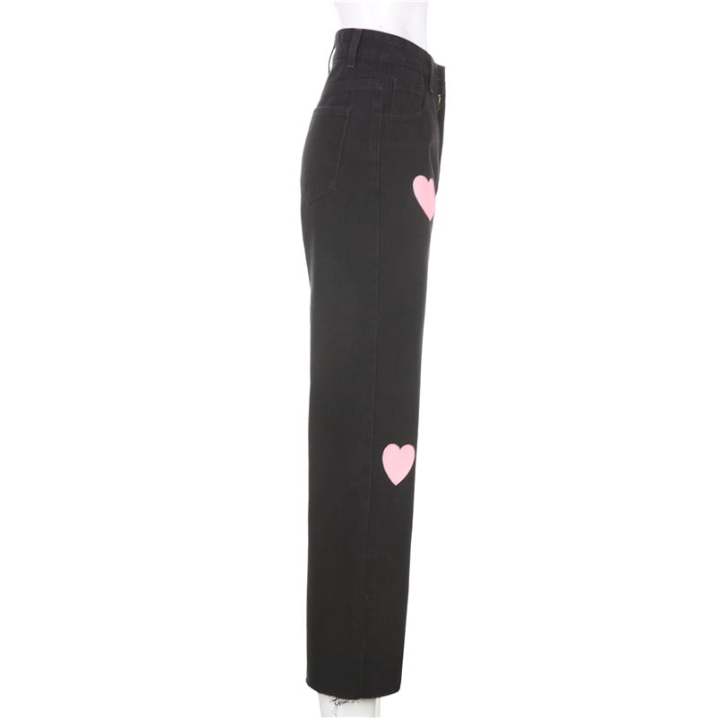 Cute Vintage Pink Heart Print Black Denim Jeans Straight High Waist Long Trouser Pants Autumn Casual E-Girl Kawaii Korean Japanese Harajuku Streetwear