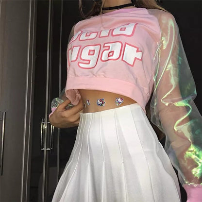 Pastel Pink Acid Holographic Laser Transparent Crop Top Long Sleeve Tee Shirt T-shirt Top Sweatshirt E-Girl Kawaii Korean Japanese Harajuku Streetwear