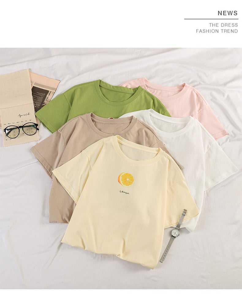 Cute Summer Casual Fruit Print O Neck Short Sleeve Tee Shirt T-shirt Top Loose Oversized E-Girl Kawaii Korean Japanese Harajuku Retro Streetwear