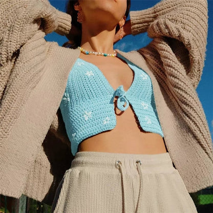 Cute Sexy Blue Crochet Knit Floral Backless Crop Top Tank Camisole Halter Beach Party Summer Aesthetic Casual E-Girl Kawaii Korean Japanese Harajuku
