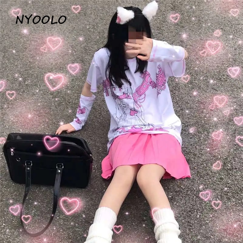 Angel Steampunk Anime Girl Cartoon Print Loose Short Sleeve T-shirt Top Summer Causal Goth Punk E-Girl Kawaii Korean Japanese Harajuku Streetwear